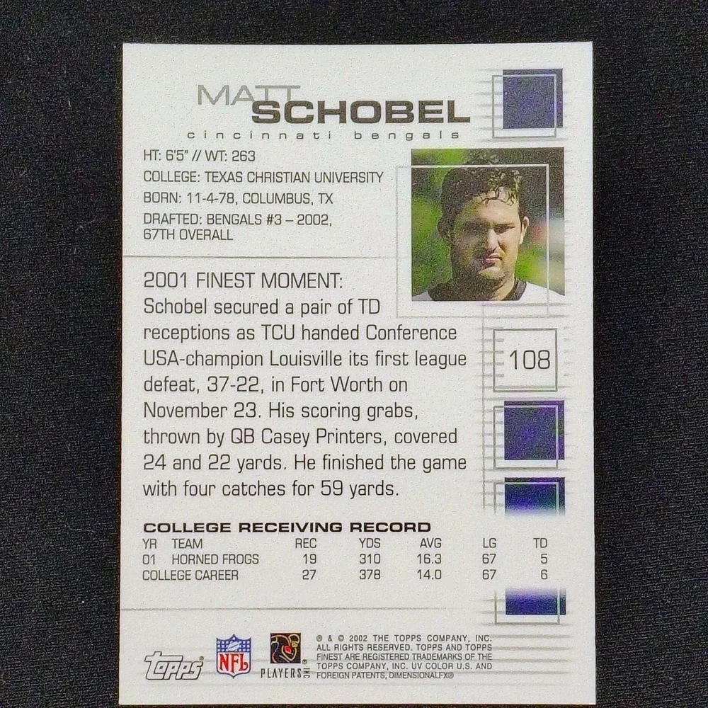 2002 Topps Finest #108 Matt Schobel RC Rookie Card Cincinnati‎ Bengals NFL Card